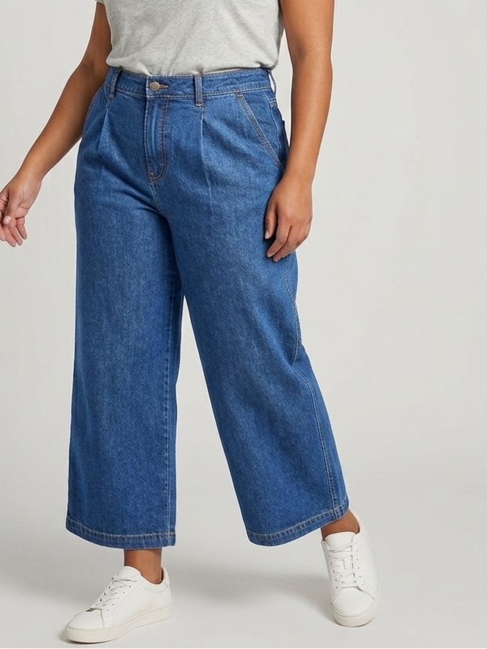 Lands' End Women's Soft Denim High Rise Pleated Wide Leg Trousers Blue 18
